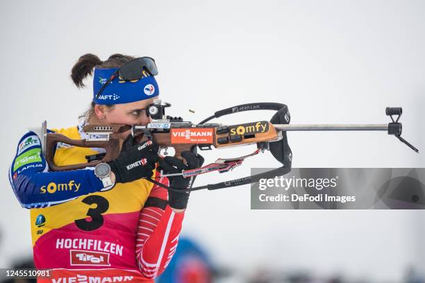 Julia Simon of France at the shooting range during the Women 10 km Pursuit at the BMW IBU World Cup Biathlon Hochfilzen on December 10, 2022 in...