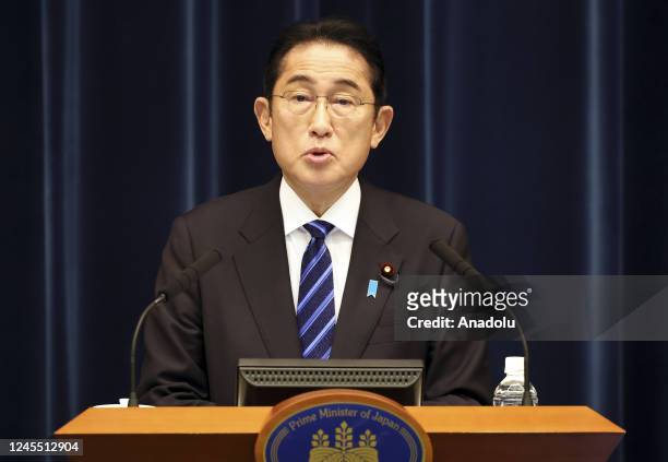 Japanese Prime Minister Fumio Kishida speaks during press conference at his official residence in Tokyo, Japan on December 10, 2022 after finished an...
