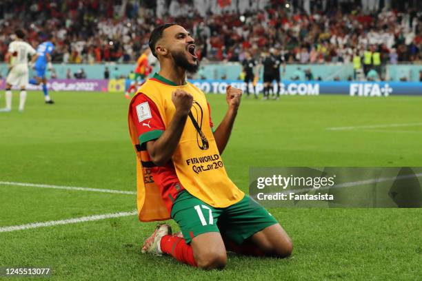 Sofiane Boufal of Morocco celebrates at the end of the FIFA World Cup Qatar 2022 quarter final match between Morocco and Portugal at Al Thumama...