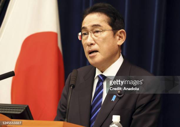Japanese Prime Minister Fumio Kishida speaks during press conference at his official residence in Tokyo, Japan on December 10, 2022 after finished an...