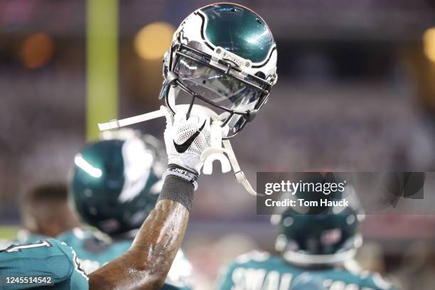 Philadelphia Eagles wide receiver Josh Huff hold up his helmet during an NFL football game between the Dallas Cowboys against the Philadelphia Eagles...