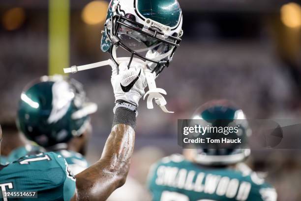 Philadelphia Eagles wide receiver Josh Huff hold up his helmet during an NFL football game between the Dallas Cowboys against the Philadelphia Eagles...