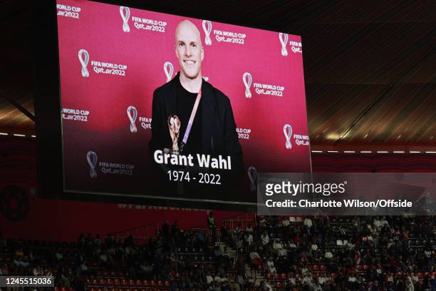 A tribute to the recently deceased journalist Grant Wahl prior to the FIFA World Cup Qatar 2022 quarter final match between England and France at Al...
