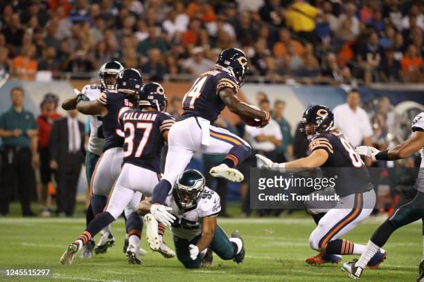Philadelphia Eagles inside linebacker Mychal Kendricks hits Chicago Bears wide receiver Deonte Thompson during an NFL football game between the...