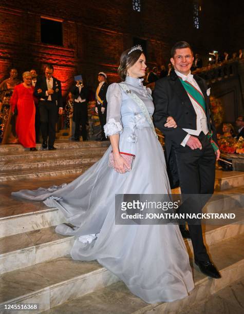 Princess Sofia of Sweden and the speaker of the Swedish Parliament Andreas Norlén arrive at a royal banquet to honour the laureates of the Nobel...