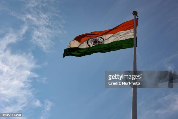 Indian national flag waves at Suchetgarh International border between India and Pakistan at Jammu, Jammu and Kashmir India on 10 December 2022
