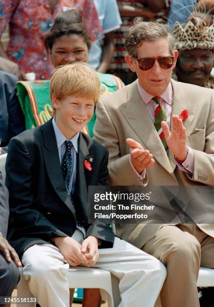 Prince Charles and Prince Harry are entertained by traditional dancers during a welcome ceremony in the village of Dukuduku in KwaZulu-Natal, South...