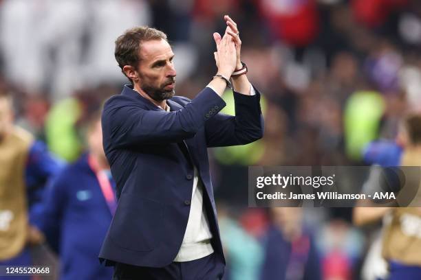 Gareth Southgate the head coach / manager of England reacts at full time during the FIFA World Cup Qatar 2022 quarter final match between England and...