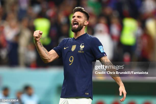 Olivier Giroud of France celebrates at the end of the FIFA World Cup Qatar 2022 quarter final match between England and France at Al Bayt Stadium on...