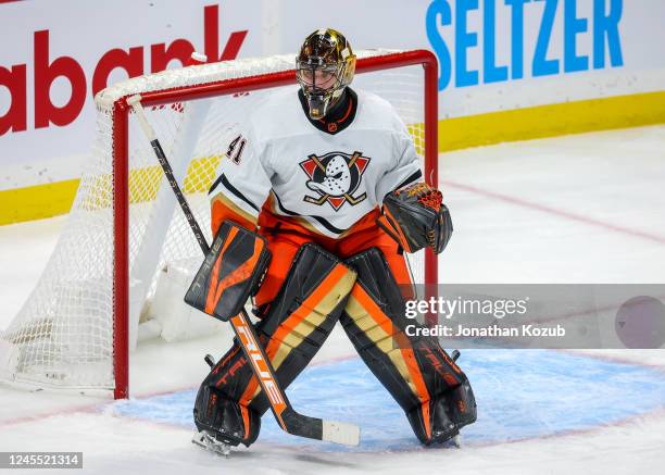 Goaltender Anthony Stolarz of the Anaheim Ducks guards the net during third period action against the Winnipeg Jets at Canada Life Centre on December...