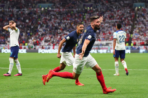Olivier Giroud of France celebrates scoring the winning goal during the FIFA World Cup Qatar 2022 quarter final match between England and France at...
