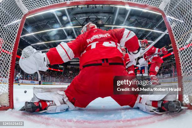 Goalie Ivars Punnenovs of Lausanne HC makes a save during the Swiss National League game between Lausanne HC and ZSC Lions at Vaudoise Arena on...