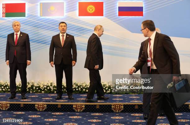Kazakh President Kassym-Jomart Tokayev, Kyrgyz President Sadyr Japarov, Russian President Vladimir Putin and Russian Presidential Protocol Chief...