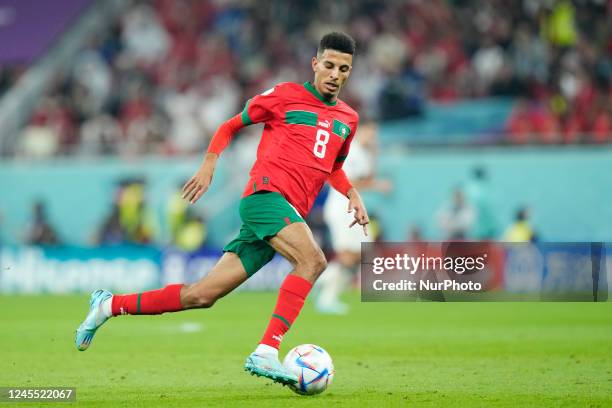 Azzedine Ounahi central midfield of Morocco and Angers SCO during the FIFA World Cup Qatar 2022 quarter final match between Morocco and Portugal at...