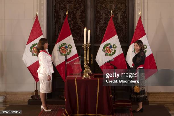 Dina Boluarte, Peru's president, and Sandra Belaunde Arnillas, Peru's new production minister, attend a cabinet swearing in ceremony at the...