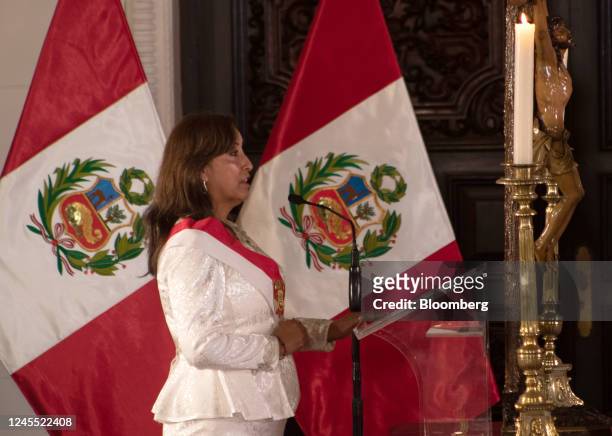 Dina Boluarte, Peru's president, speaks during a cabinet swearing in ceremony at the Government Palace in Lima, Peru, on Saturday, Dec. 10, 2022....