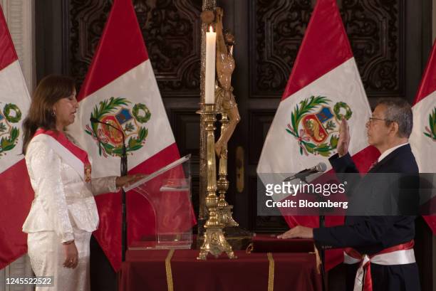 Dina Boluarte, Peru's president, left, and Pedro Angulo Arana, Peru's new prime minister, attend a cabinet swearing in ceremony at the Government...