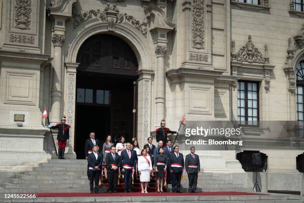 Dina Boluarte, Peru's president, center, presents her cabinet at the Government Palace in Lima, Peru, on Saturday, Dec. 10, 2022. Boluarte is trying...