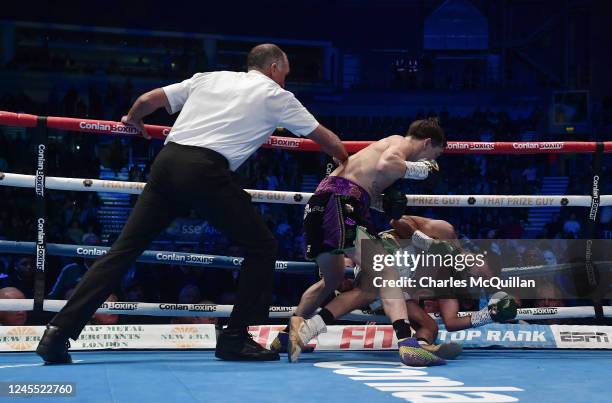 The referee calls an end to the fight during the Michael Conlan and Karim Guerfi Featherweight contest at Odyssey Arena on December 10, 2022 in...