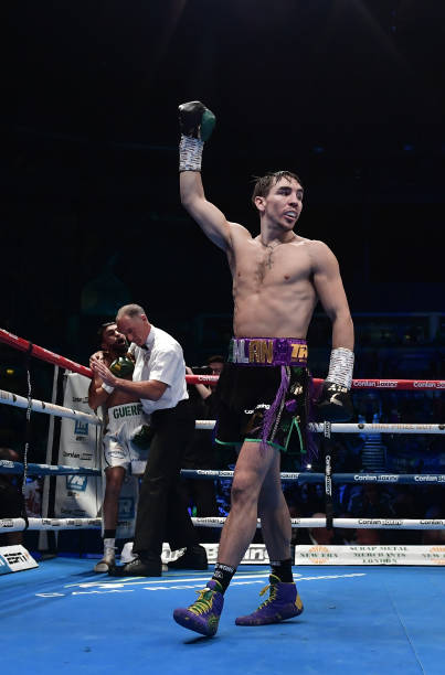 Michael Conlan celebrates after his bout with Karim Guerfi following their Featherweight contest at Odyssey Arena on December 10, 2022 in Belfast,...