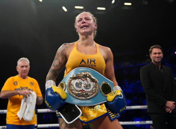 Ibane Bridges celebrates victory over Shannon O'Connell following their world bantamweight title bout at First Direct Arena, Leeds.  picture...