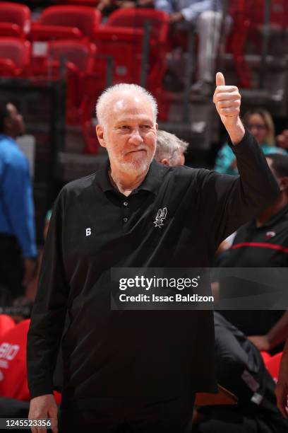 Head Coach Gregg Popovich of the San Antonio Spurs smiles before the against the Miami Heat on December 10, 2022 at FTX Arena in Miami, Florida. NOTE...