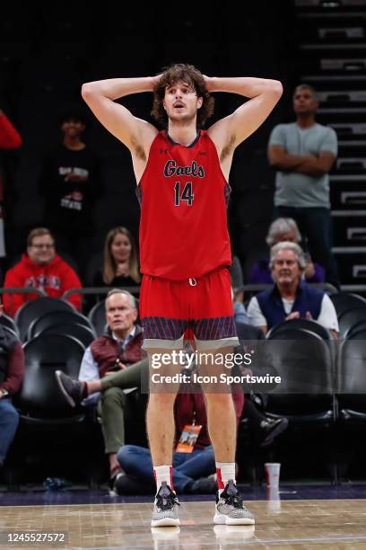 St. Mary's Gaels forward Kyle Bowen reacts after his fifth foul during the Jerry Colangelo Classic college basketball game between the San Diego...