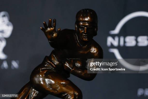 General view of the Heisman Trophy during a press conference at the New York Marriott Marquis Astor Ballroom prior to the awarding of the Heisman...