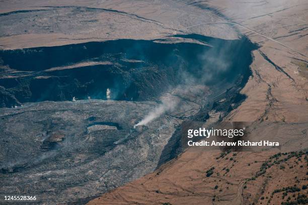 An aerial view of the surface of the Kilauea volcano as it begins to crust on December 9, 2022 in Kilauea, Hawaii. For the first time in almost 40...