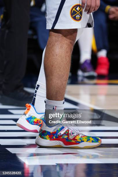 The sneakers worn by Jamal Murray of the Denver Nuggets during the game against the Utah Jazz on December 10, 2022 at the Ball Arena in Denver,...