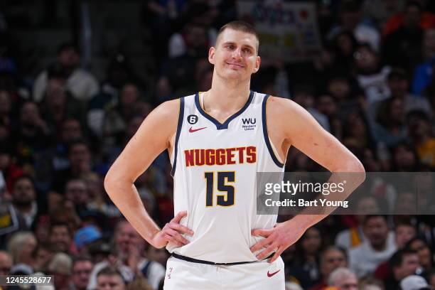 Nikola Jokic of the Denver Nuggets smiles during the game against the Utah Jazz on December 10, 2022 at the Ball Arena in Denver, Colorado. NOTE TO...