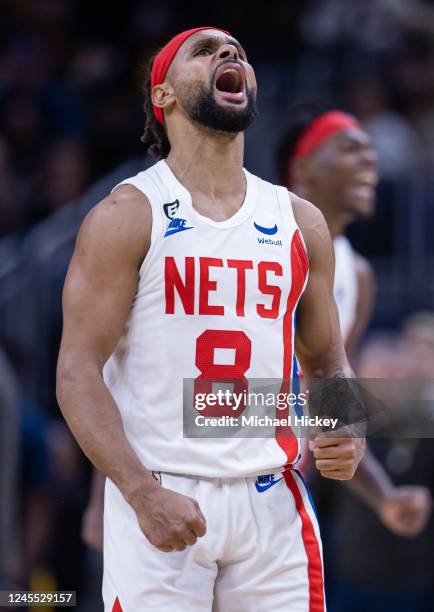 Patty Mills of the Brooklyn Nets reacts late in the second half against the Indiana Pacers at Gainbridge Fieldhouse on December 10, 2022 in...