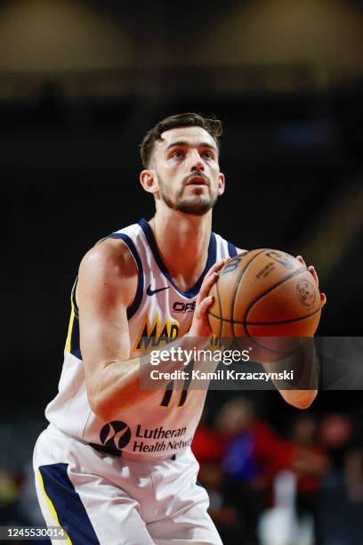 David Stockton of the Fort Wayne Mad Ants shoots a free throw against the Windy City Bulls during the first half of an NBA G-League game on December...