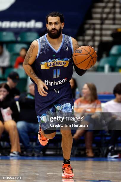 Grant Riller of the Texas Legends drives to the basket in the second half against the Memphis Hustle on December 10, 2022 at Comerica Center in...