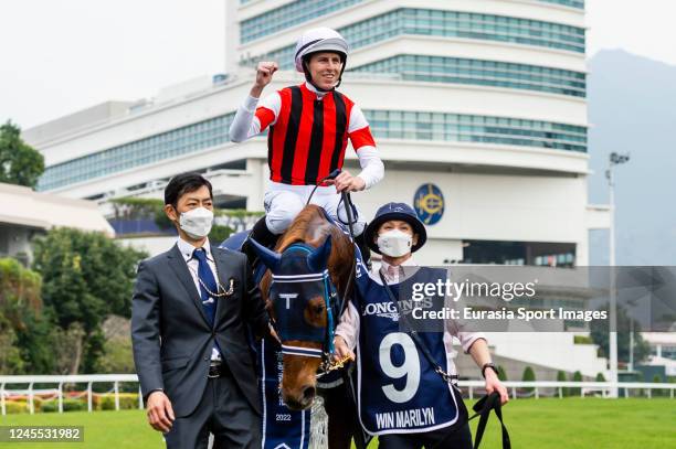 Jockey Damian Lane riding Win Marilyn wins the Longines Hong Kong Vase during the Longines Hong Kong International Races at Sha Tin Racecourse on...