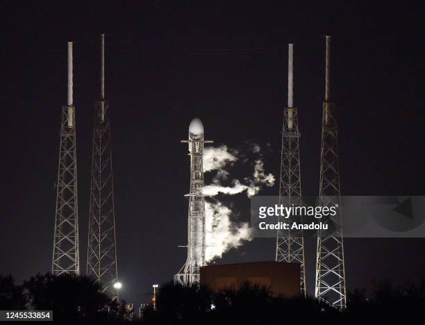 SpaceX Falcon 9 rocket vents during fueling before launching the HAKUTO-R Mission 1 from pad 40 at Cape Canaveral Space Force Station on December 11,...
