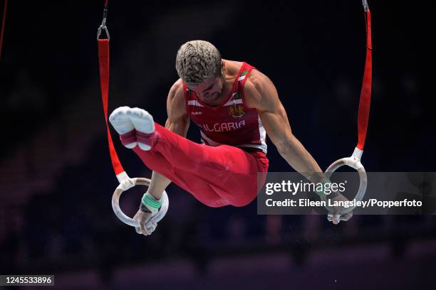 David Huddleston of Bulgaria competing on rings in the men's qualifying competition during the World Artistic Gymnastics Championships at the M&S...