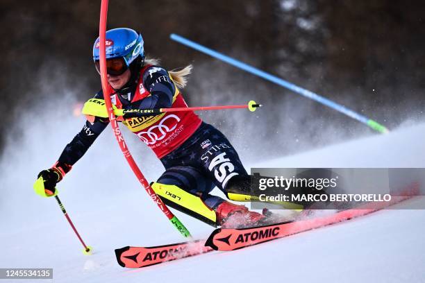 S Mikaela Shiffrin competes in the first run of the Women's Slalom event during the FIS Alpine ski World Cup in Sestriere, Piedmont, on December 11,...