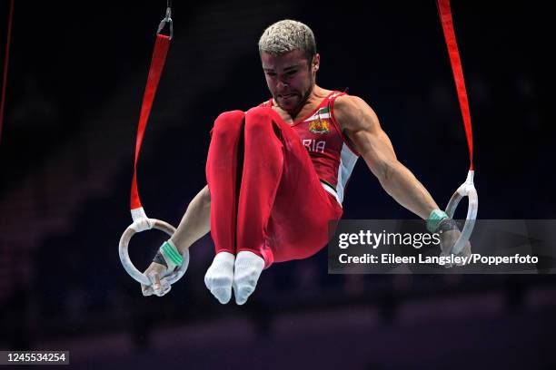 David Huddleston of Bulgaria competing on rings in the men's qualifying competition during the World Artistic Gymnastics Championships at the M&S...