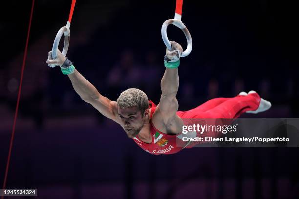 David Huddleston of Bulgaria competing on rings in the men's qualifying competition during the World Artistic Gymnastics Championships at the M&S...