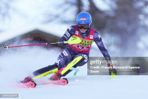 Mikaela Shiffrin of Team United States competes during the Audi FIS Alpine Ski World Cup Women's Slalom on December 11, 2022 in Sestriere, Italy.