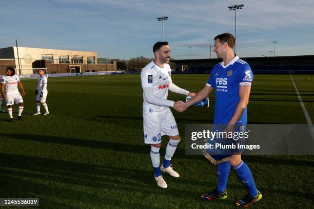 Jonny Evans of Leicester City with Adil Rami of Troyes during the friendly game between Leicester City and Troyes at Seagrave Training Complex on...