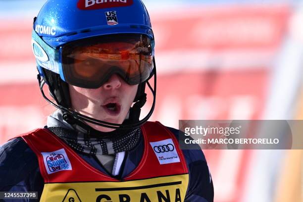 S Mikaela Shiffrin reacts after competing in the second run of the Women's Slalom event during the FIS Alpine ski World Cup in Sestriere, Piedmont,...