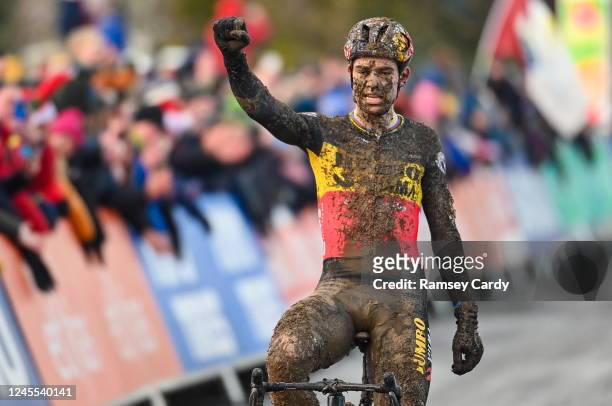 Dublin , Ireland - 11 December 2022; Wout Van Aert of Belgium celebrates after winning the Mens Elite race during Round 9 of the UCI Cyclocross World...