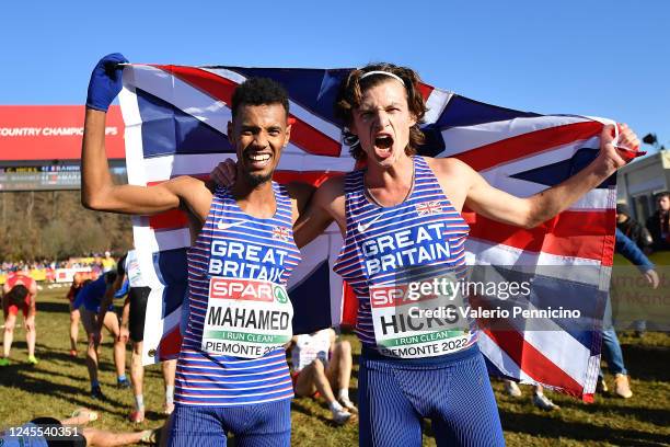 Charles Hicks of Great Britain celebrates after winning the U23 Men race with Zakariya Mahamed of Great Britain during the SPAR European Cross...