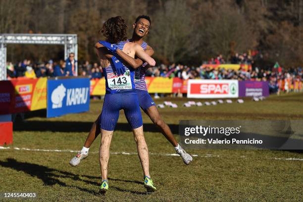 Charles Hicks of Great Britain celebrates after winning the U23 Men race with Zakariya Mahamed of Great Britain during the SPAR European Cross...