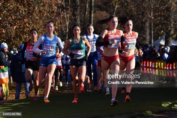 Athletes compete during the U20 Women race during the SPAR European Cross Country Championships 2022 in Piemonte-La Mandria Park on December 11, 2022...