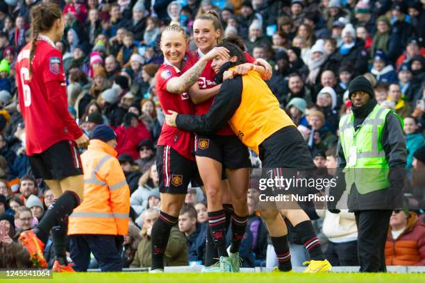 Leah Galton of Manchester United celebrates her goal during the Barclays FA Women's Super League match between Manchester City and Manchester United...