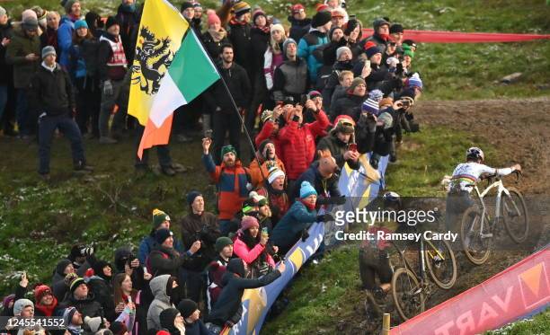 Dublin , Ireland - 11 December 2022; Thomas Pidcock of Great Britain and Wout van Aert of Belgium during the Mens Elite race during Round 9 of the...