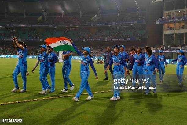 India celebrate the victory during the T20 International series between India and Australia at Dr DY Patil Cricket Stadium on December 11, 2022 in...